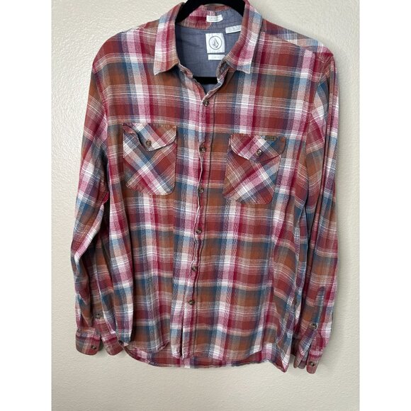 Volcom Mens Red Brown Shirt Medium plaid long sleeve button up cotton collared - Picture 2 of 6